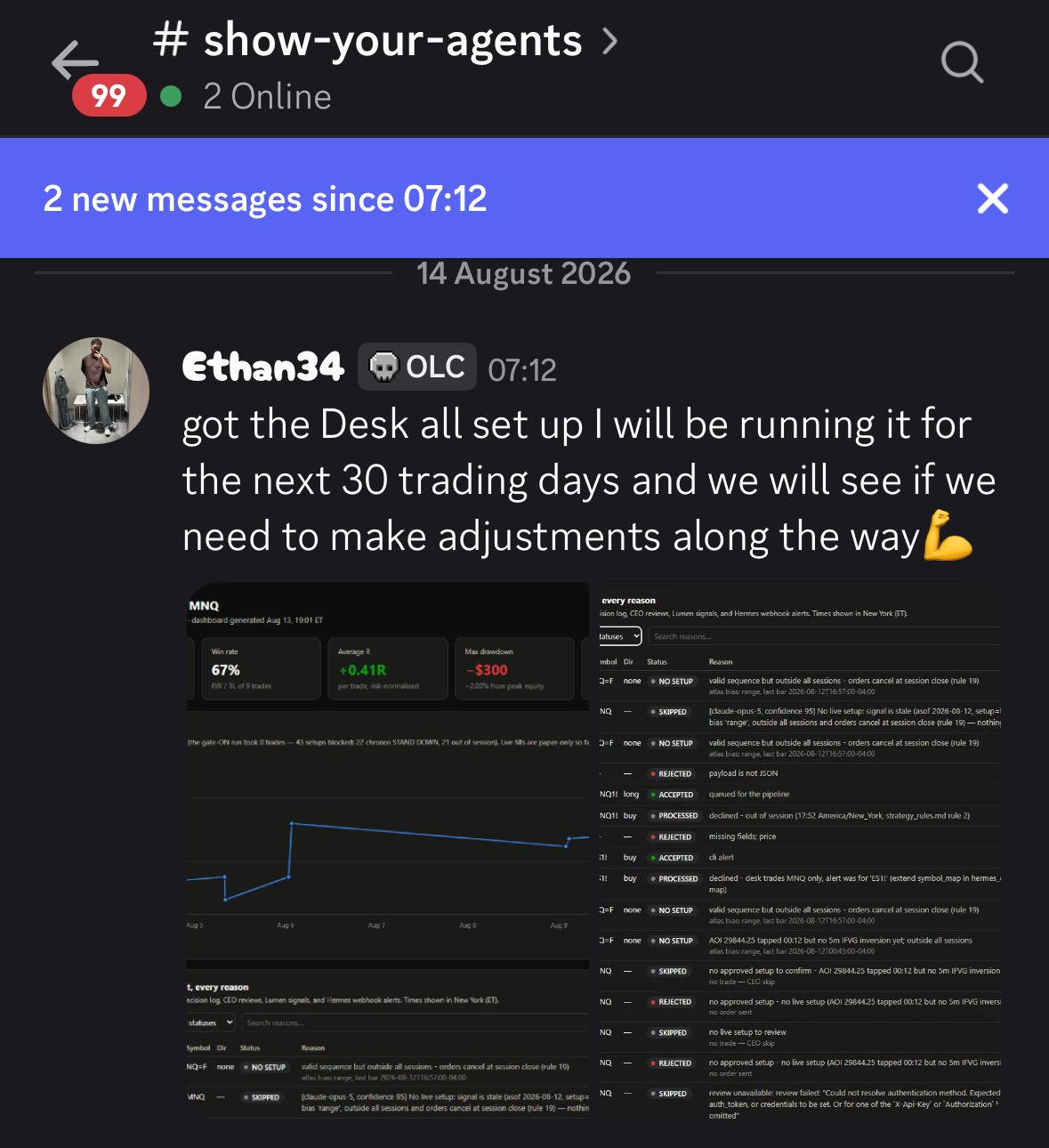 Member post — desk built in 3 days, dashboard showing 67% win rate over 9 paper trades
